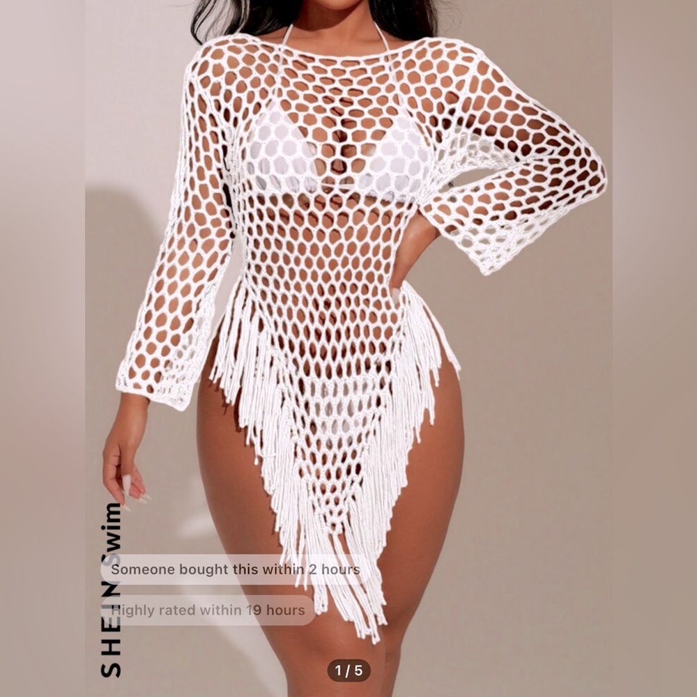 SHEIN Swim Women's Hollow Out Tassel Beach Cover-Up Long Sleeve Cover Up